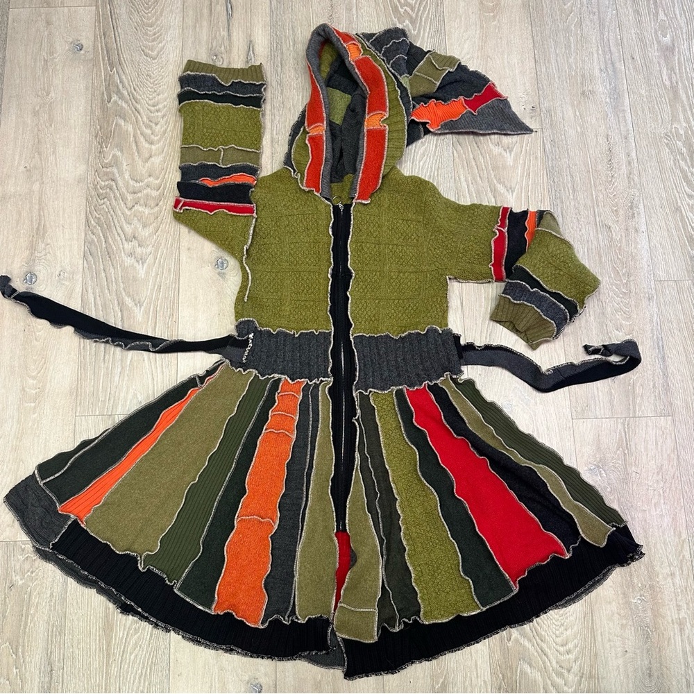 Olive Multi-Color Hooded Knit Coat with Belt